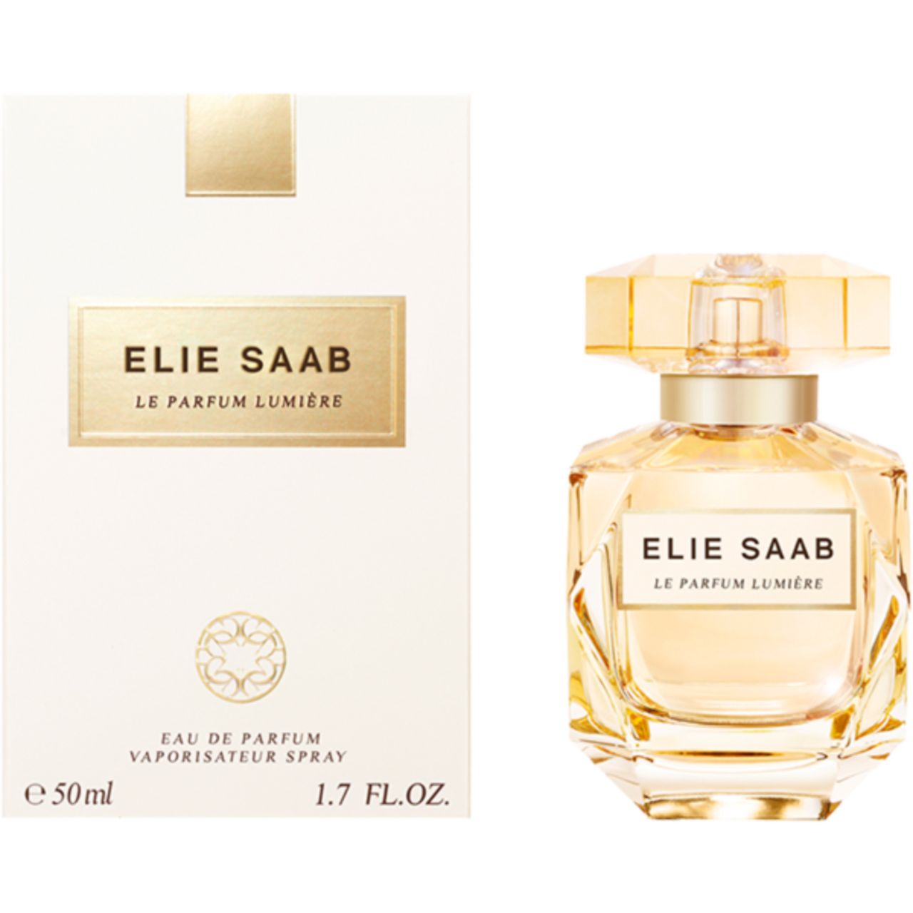 Elie Saab Le Parfum Lumière Flakon und Verpackung. Weißer Karton mit goldener Schrift. Flakon aus Glas.