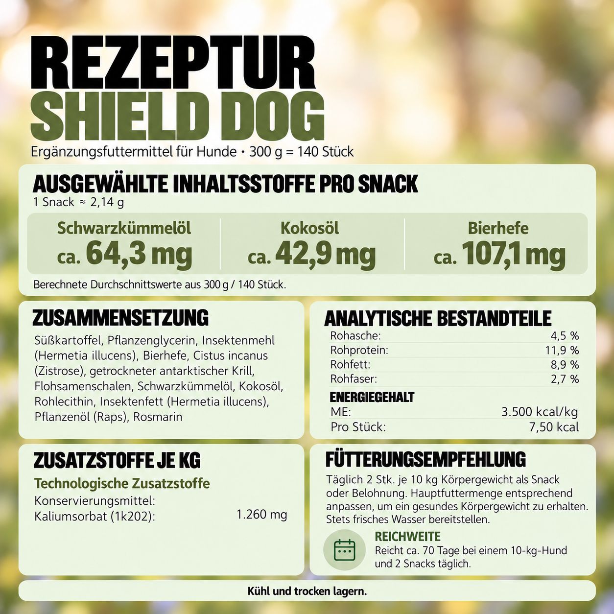 Rezeptur Shield Dog: Ergänzungsfuttermittel für Hunde. Enthält Schwarzkümmel, Kokosöl, Bierhefe. Analytische Bestandteile und Fütterungsempfehlung.