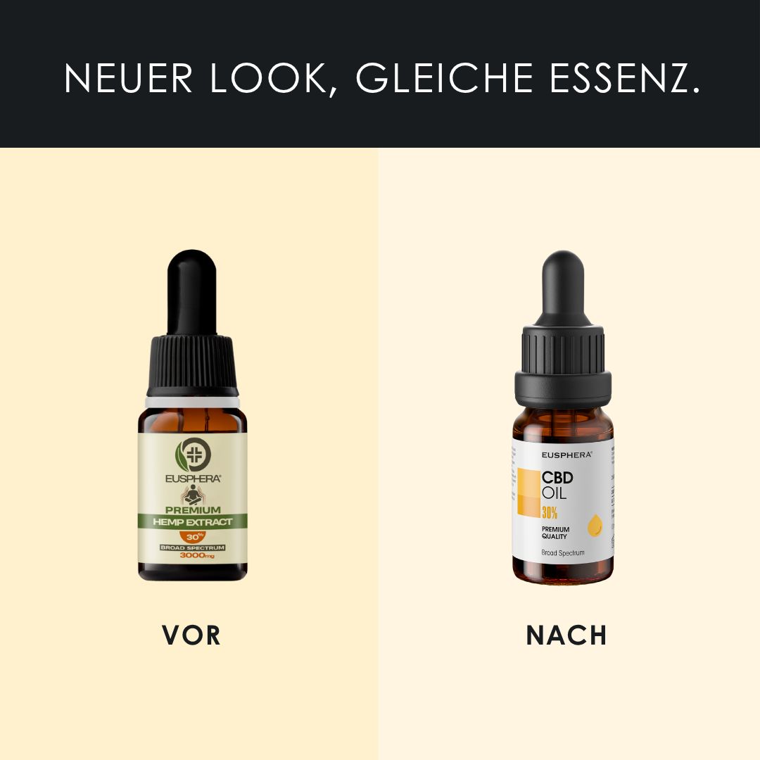 Vergleich von CBD Öl. Aufschrift: Neuer Look, gleiche Essenz. Vorher/Nachher.