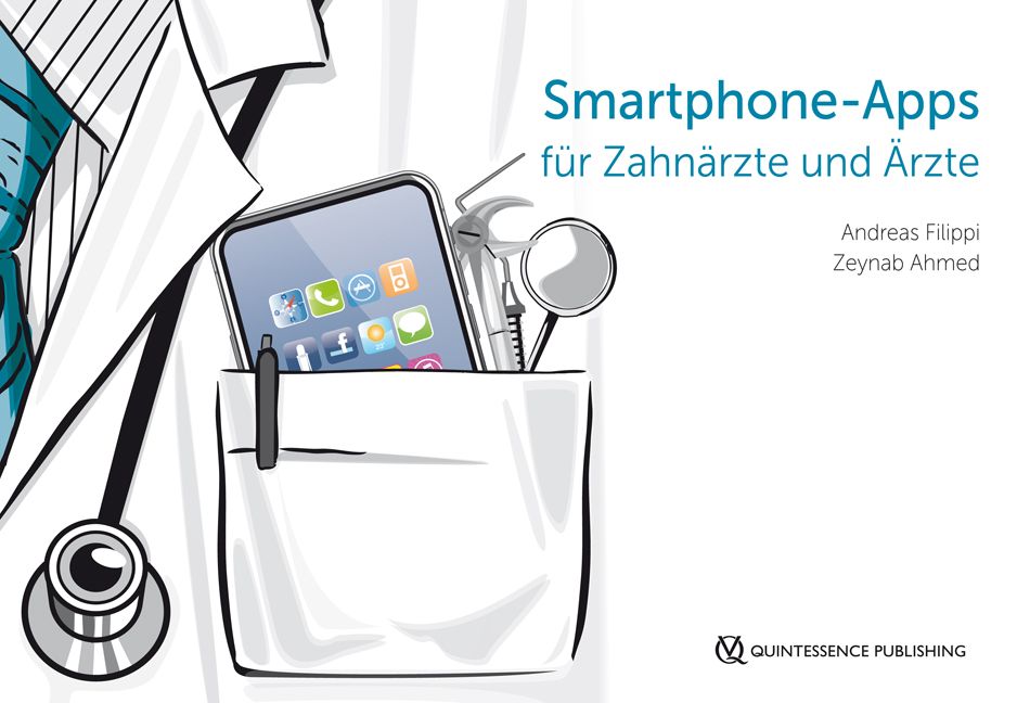 Illustration: Smartphone und zahnärztliche Instrumente in einer Tasche. Titel: Smartphone-Apps für Zahnärzte und Ärzte.