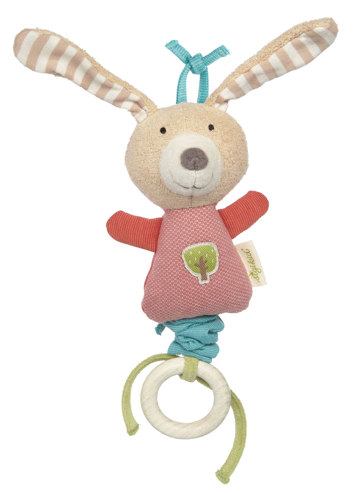 Sigikid Anhänger Hase. Beige Hase mit gestreiften Ohren, rotem Kleid und Holzkringel. Baum-Applikation. Türkis Schleife.