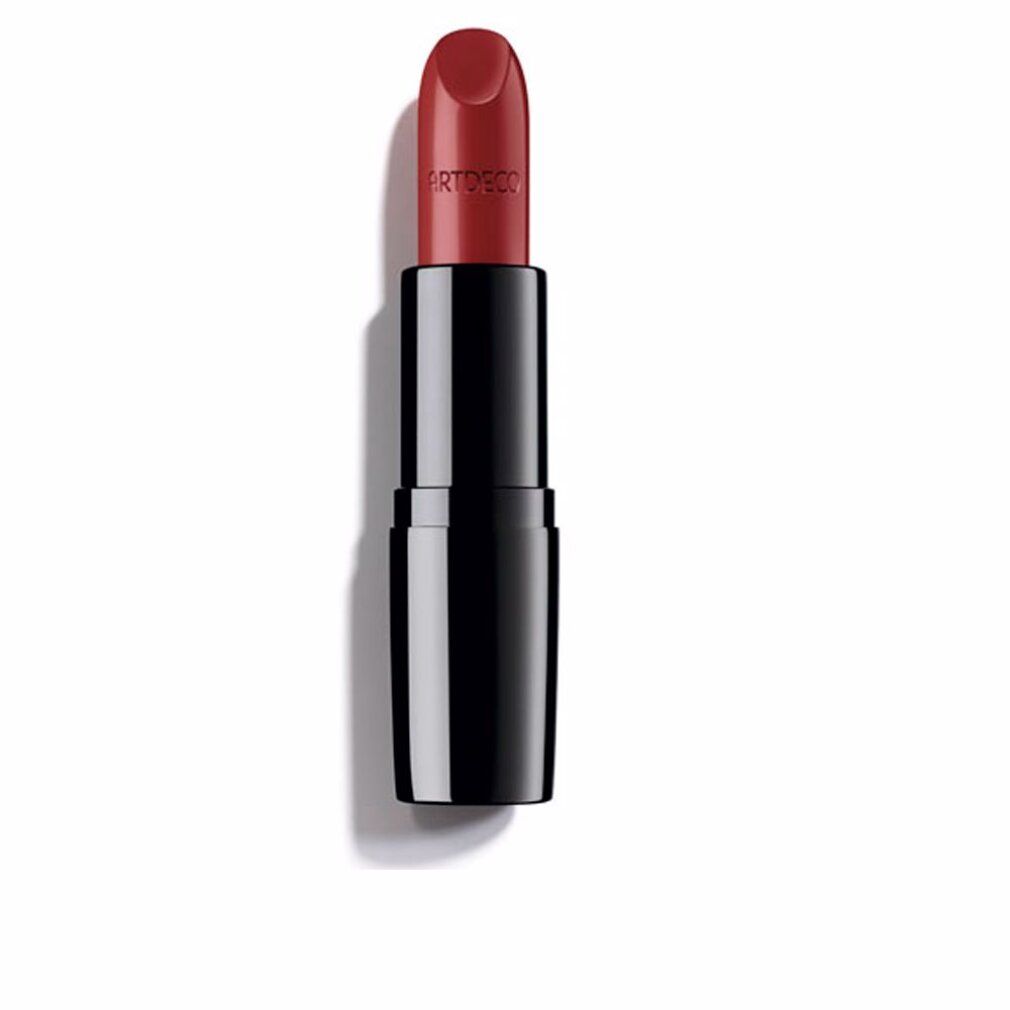 Artdeco Perfect Color Lippenstift. Schwarze Hülse, roter Lippenstift. Produktname auf dem Lippenstift sichtbar.