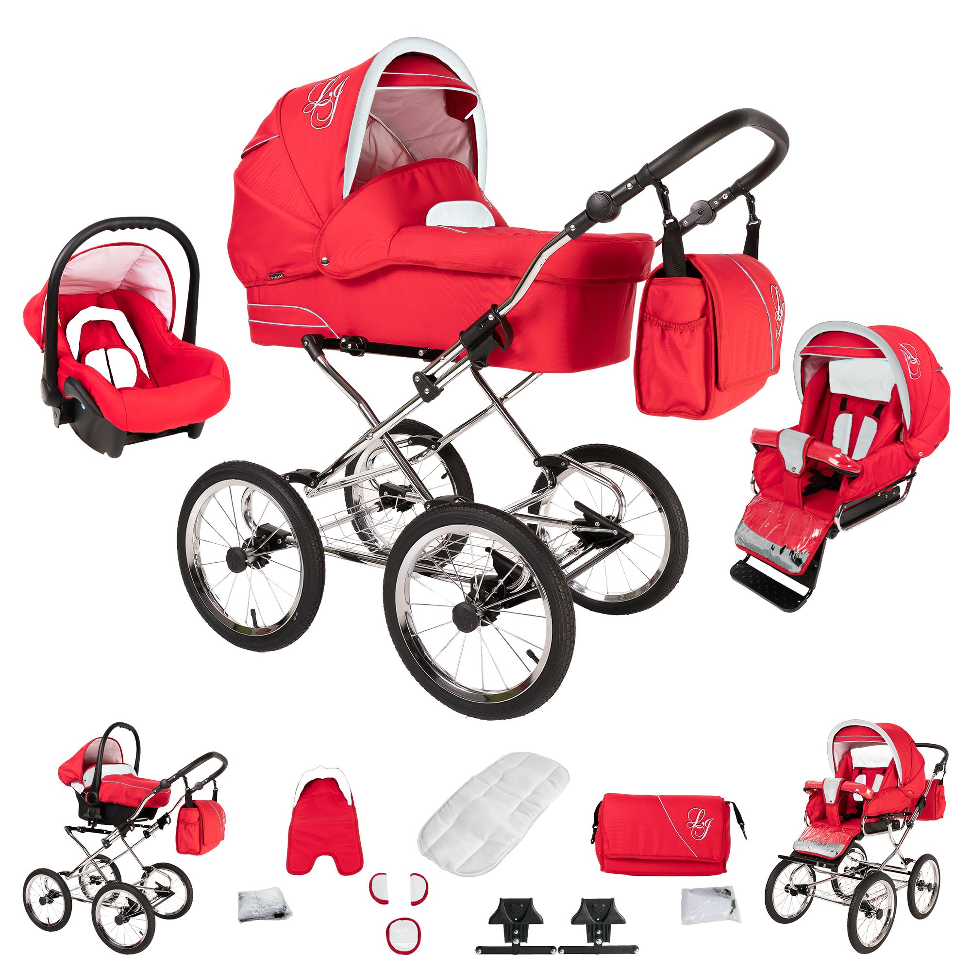 Roter Kinderwagen mit silbernem Gestell, Zubehör. Enthält Babywanne, Autositz, Sportwagenaufsatz, Wickeltasche. Nostalgie-Design.