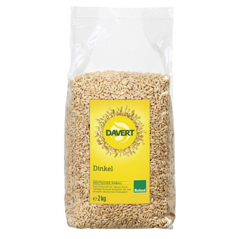 Transparente Tüte mit Dinkelkörnern. Gelbes Etikett mit "Davert"-Logo, "Dinkel", "Deutscher Anbau" und "Bioland"-Siegel. Gewicht: 2 kg.