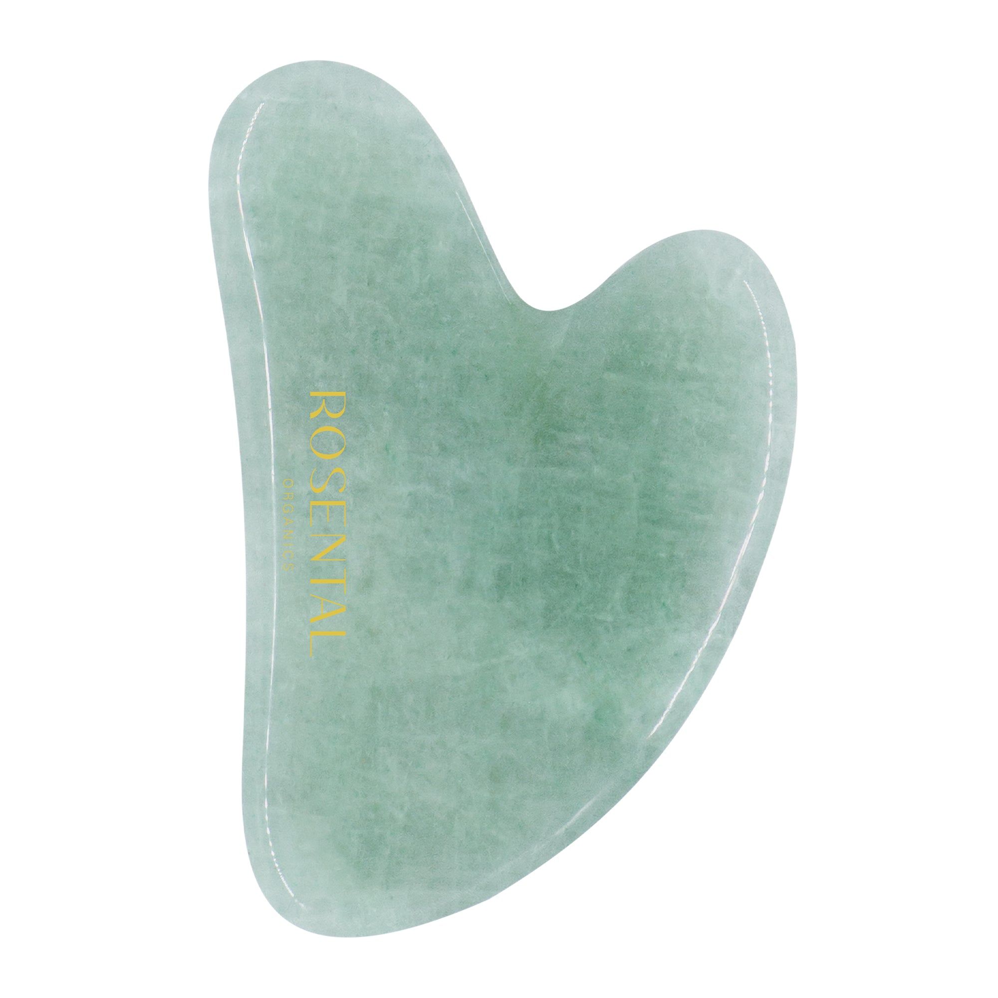 Grüner Gua Sha aus Aventurin. Herzförmig mit abgerundeten Kanten. Rosental-Logo.