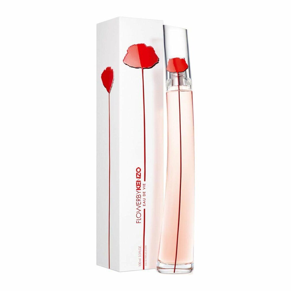 Parfümflasche und Verpackung. Weißes Rechteck mit roter Blume. Flasche mit rosa Flüssigkeit. Schriftzug: FLOWERBYKENZO Eau de Vie.