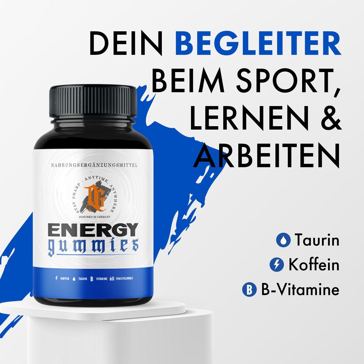 Dose OG Energy Gummies auf weißem Podest, daneben Text über Sport, Lernen und Arbeiten.