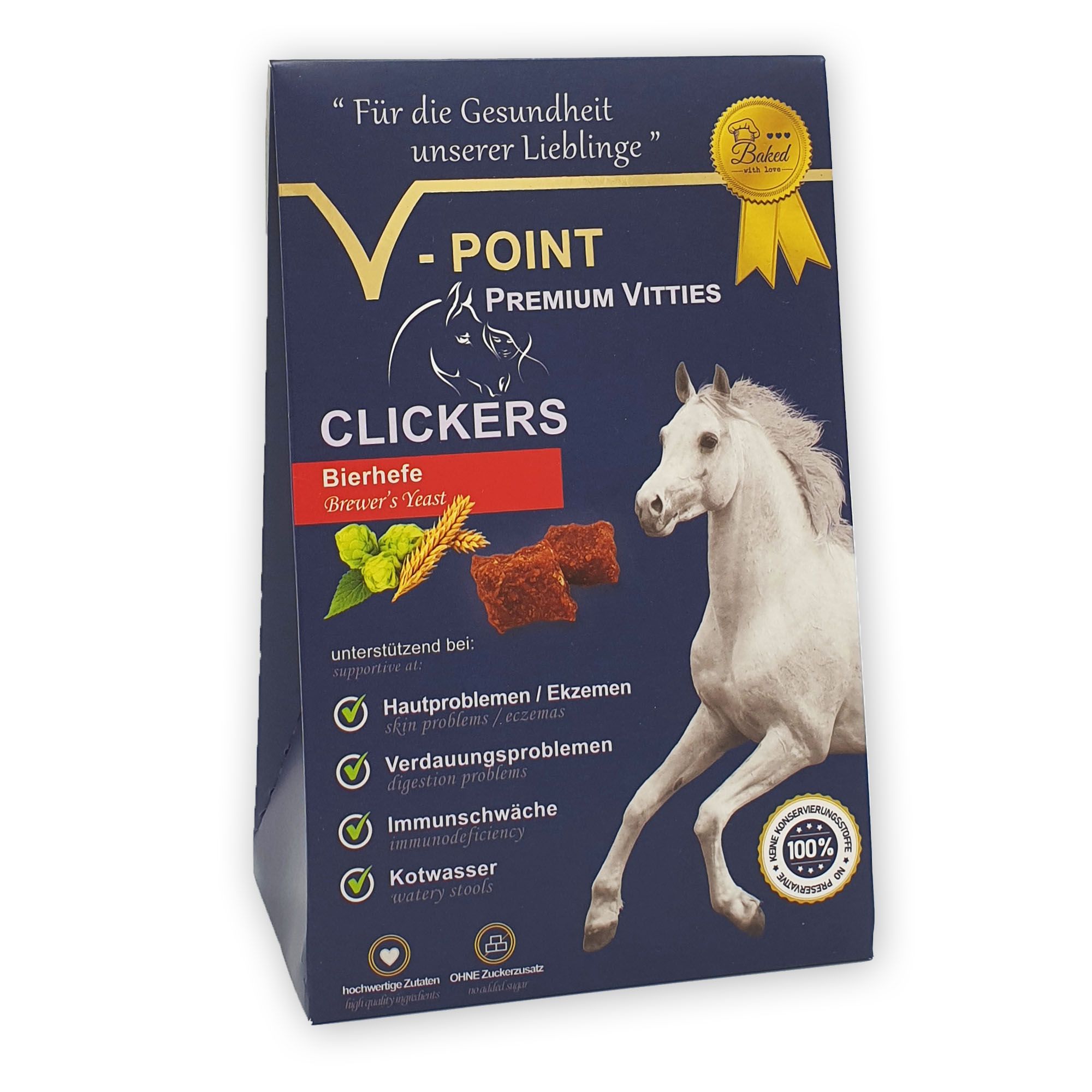 Verpackung von V-POINT® Premium Vitties - CLICKERS mit Bierhefe. Enthält Würfel. Aufschrift: Für die Gesundheit unserer Lieblinge.