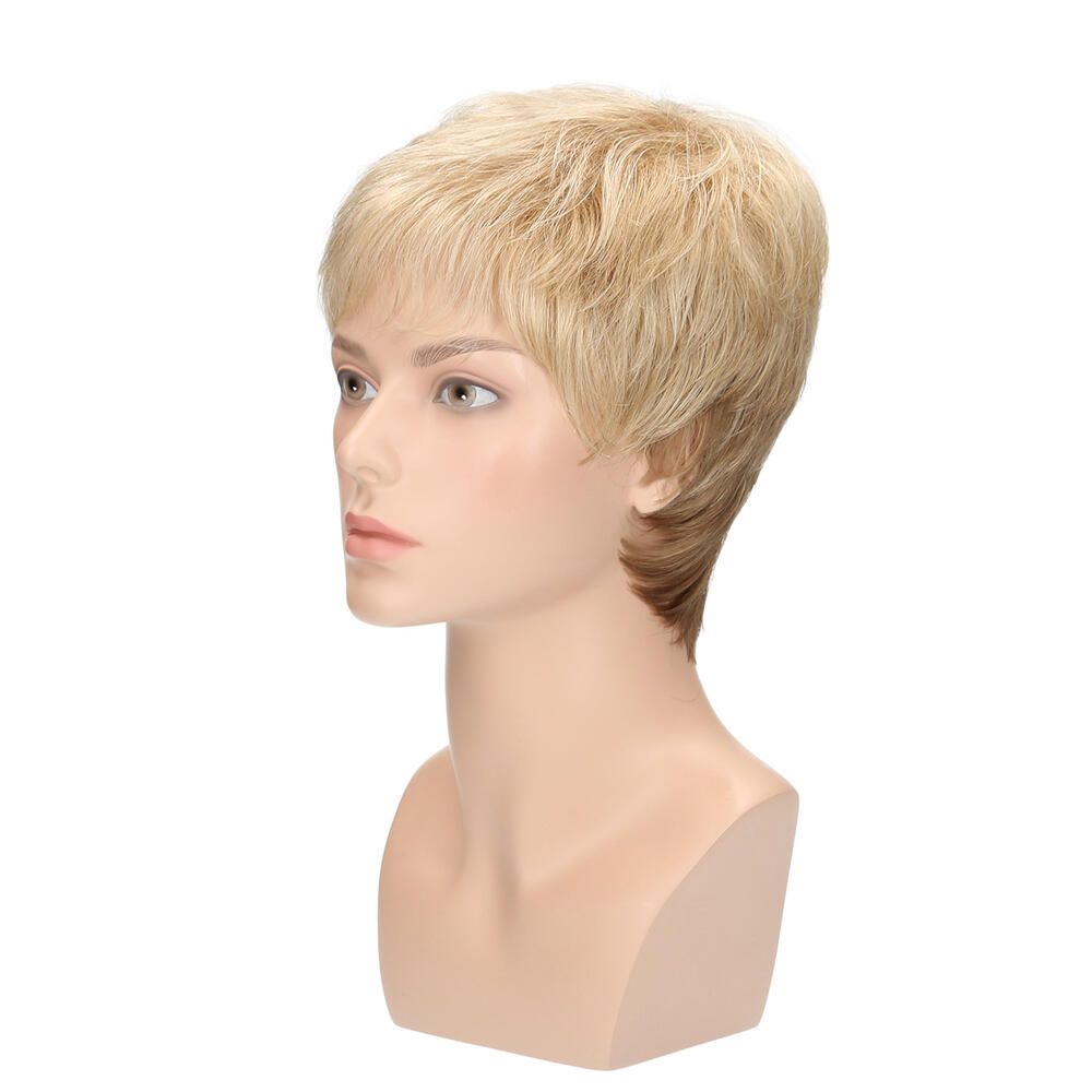 Perücke Sam von trendhair. Blondes, kurzes Haar auf einem Mannequin. Seitenansicht.
