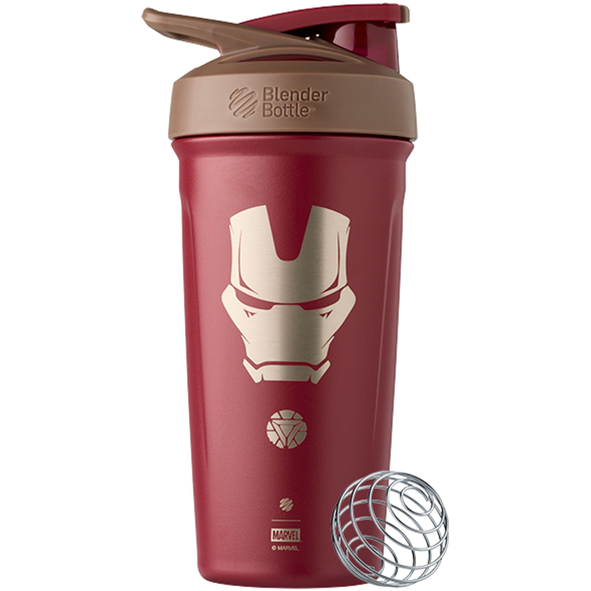 Roter Edelstahl-Shaker mit Iron Man-Logo. Blender Bottle-Logo. Metallkugel-Mixer.