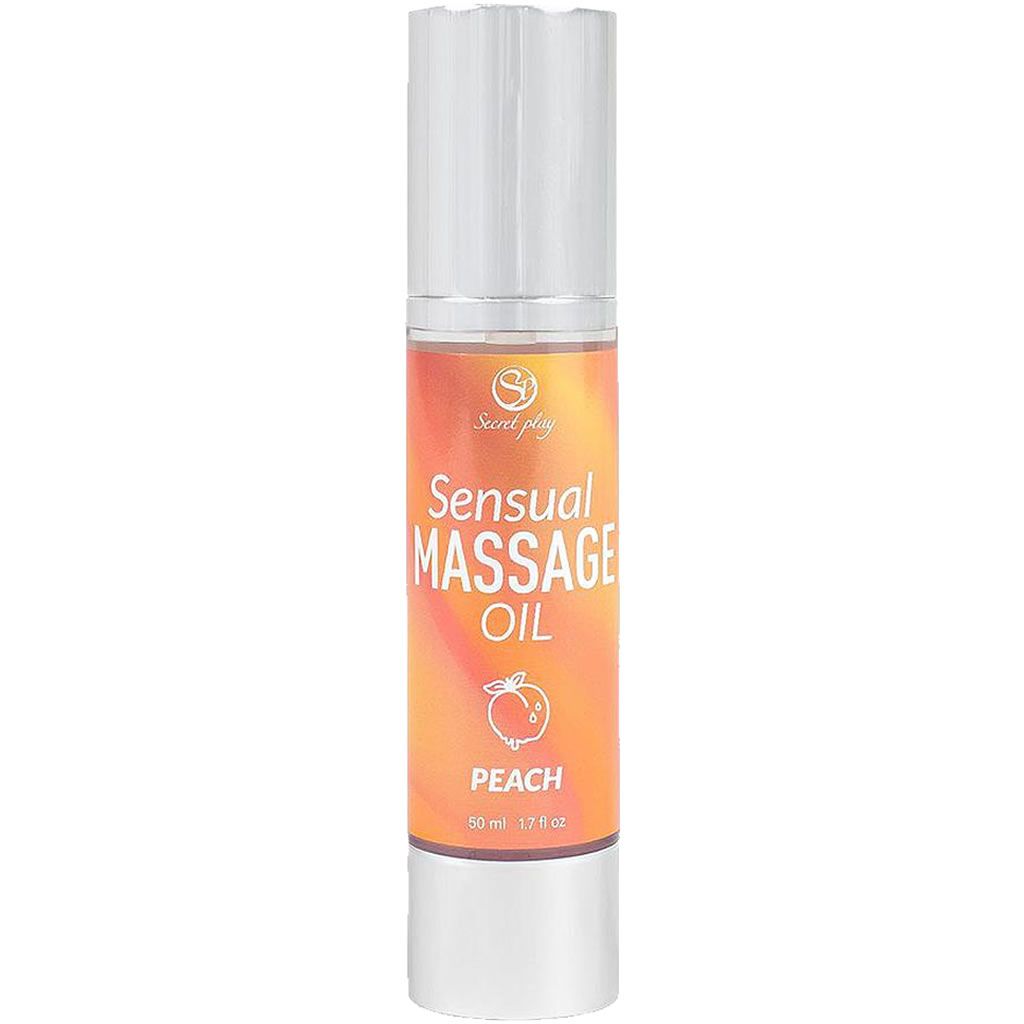 Zylindrische Flasche mit "Sensual Massage Oil Peach"-Etikett. Oben transparenter Deckel. Aufschrift "Secret Play".