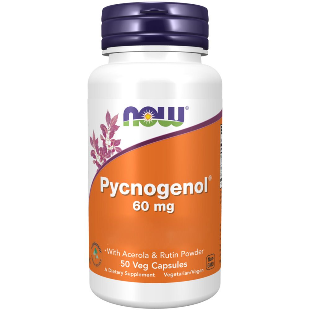 Weiße Flasche mit lila Deckel. Aufschrift: Pycnogenol 60 mg. Enthält 50 Veg-Kapseln. Marke: NOW. Orangefarbener Hintergrund.