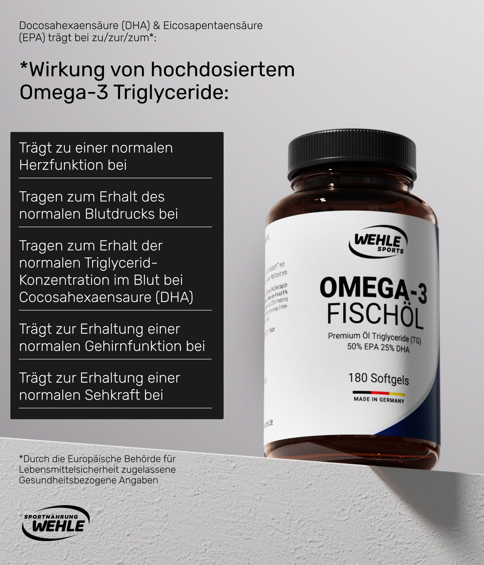 Braune Flasche Wehle Sports Omega-3 Fischöl. 180 Softgels. Wirkung von Omega-3 auf Gesundheit.