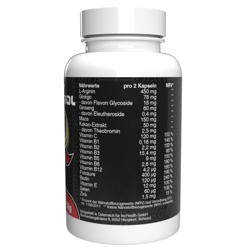 Rückseite einer weißen Nahrungsergänzungsmittel-Flasche. Nährwerttabelle mit Inhaltsstoffen pro 2 Kapseln und NRV-Werten.