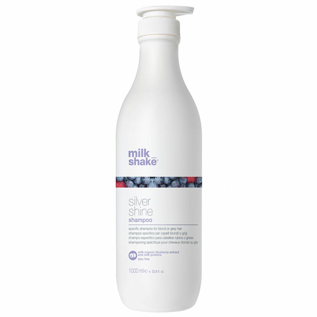 Weiße Flasche mit Pumpverschluss. Aufschrift: milk_shake, Silver Shine Shampoo. Shampoo für blondes oder graues Haar. 1000 ml.