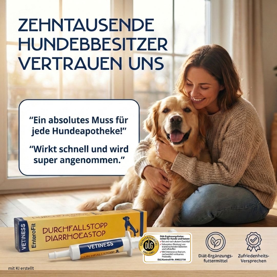 Frau umarmt Hund. Produkt: Vetiness Durchfallstopp Paste. Text: Ein Muss für jede Hundeapotheke! Wirkt schnell und wird super angenommen.