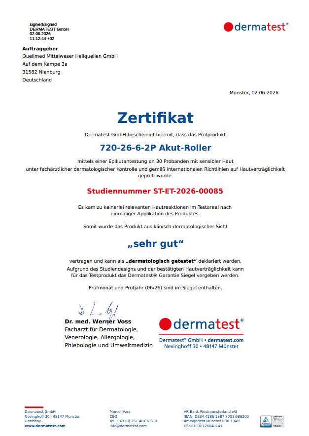 Dermatest-Zertifikat für den Source Lab 720-26-6-2P Akut-Roller mit Siegel "sehr gut".