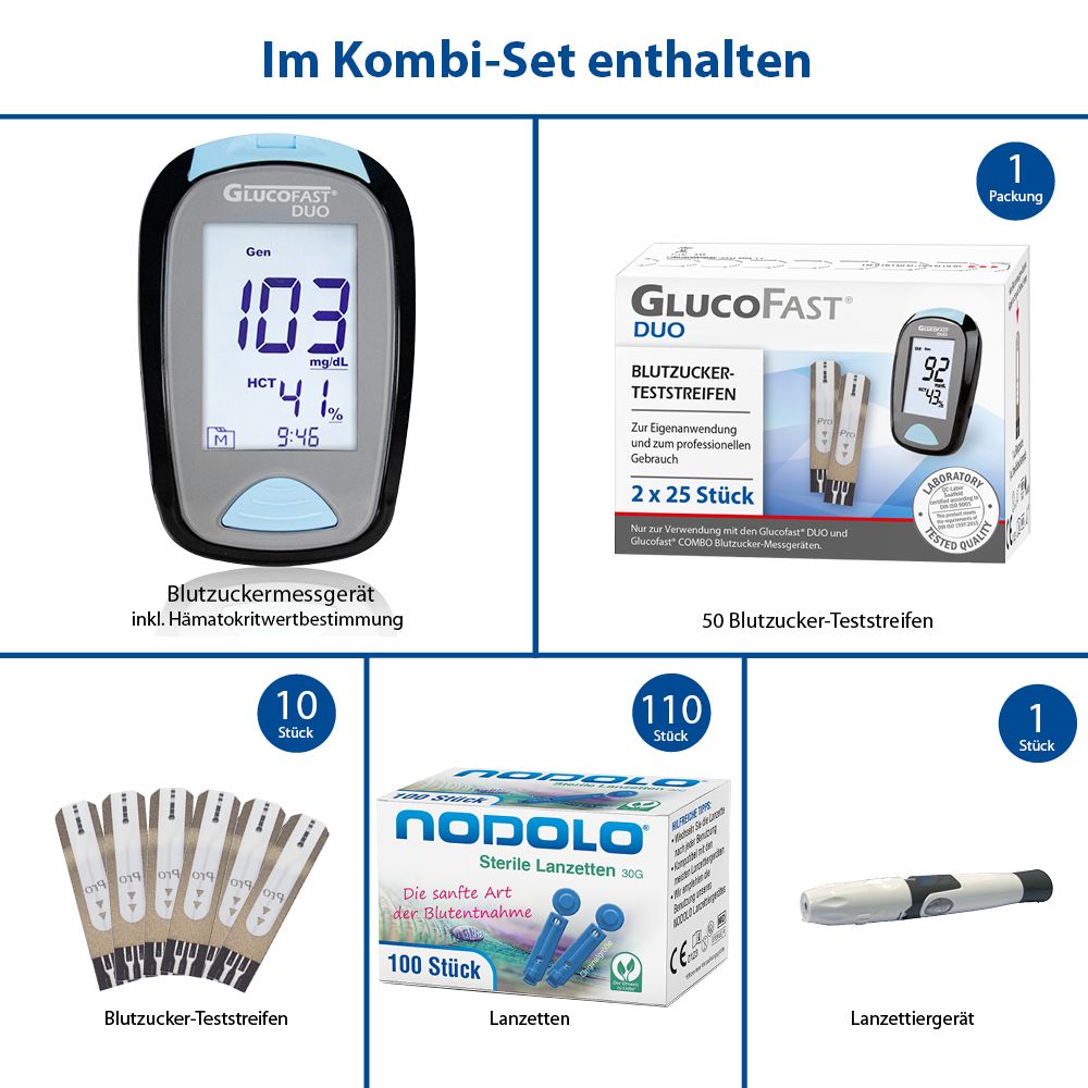 Glucofast® Duo Blutzuckermessgerät Kombiset mit mit Teststreifen und Lanzetten  (mmol/L)