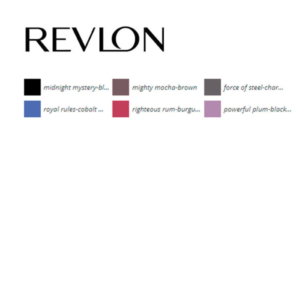Revlon-Logo und Farbmuster für Eyeliner. Farben: Schwarz, Braun, Blau, Rot, Lila.