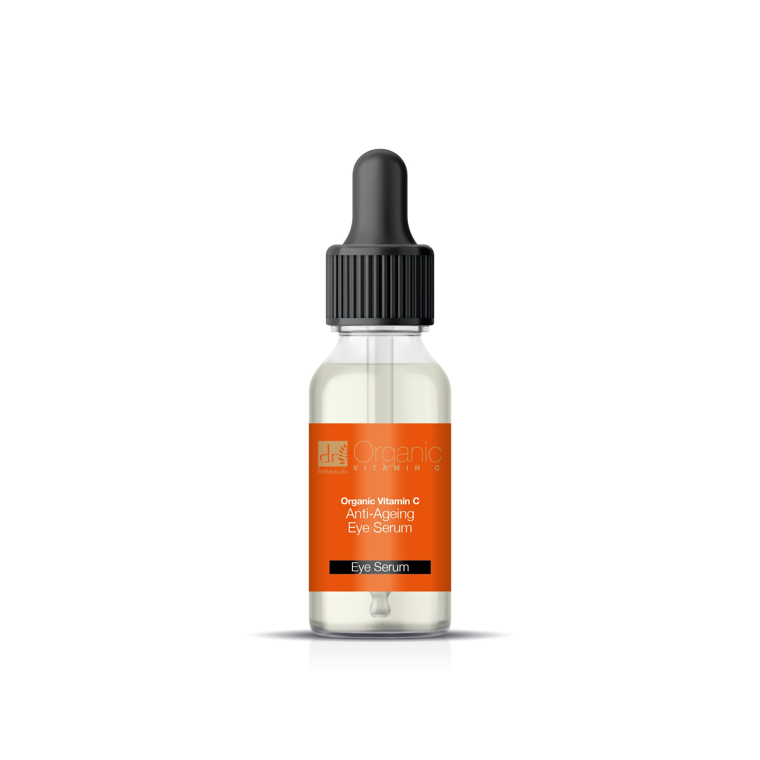 Serumflasche mit Pipette. Klare Glasflasche mit orangefarbenem Etikett. Schwarze Pipette. Produktinformationen auf dem Etikett.