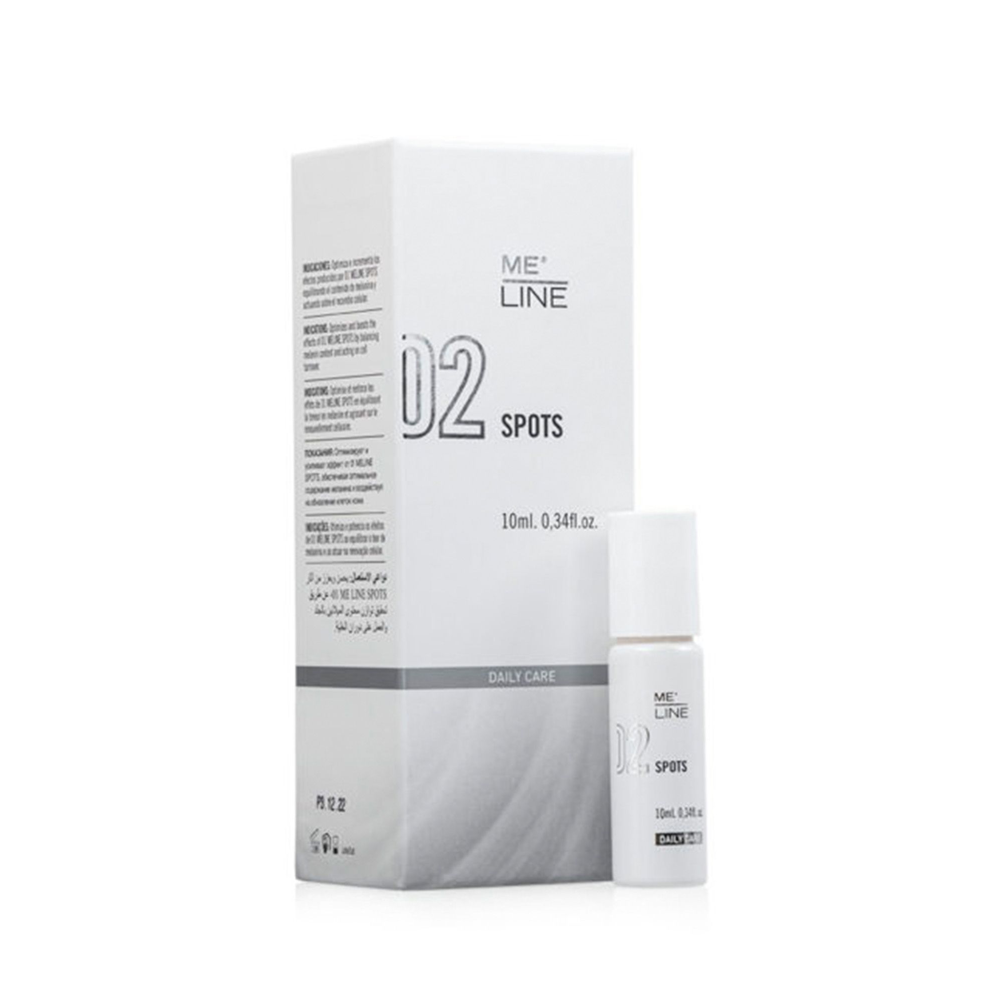 Weiße Verpackung und Flasche. Aufschrift: ME LINE 02 Spots. Flasche mit Roll-on-Applikator. Aufschrift: 10ml, 0.34fl.oz.