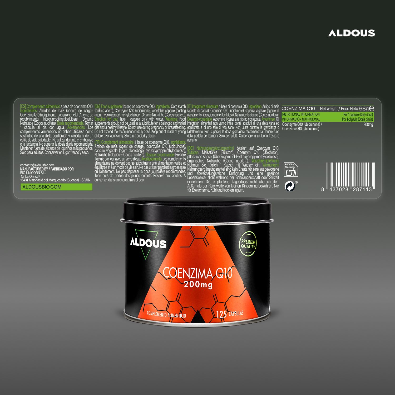 Aldous Coenzima Q10 Dose (125 Kapseln, 200mg) und detaillierte Produktinformationen auf einem Etikett.
