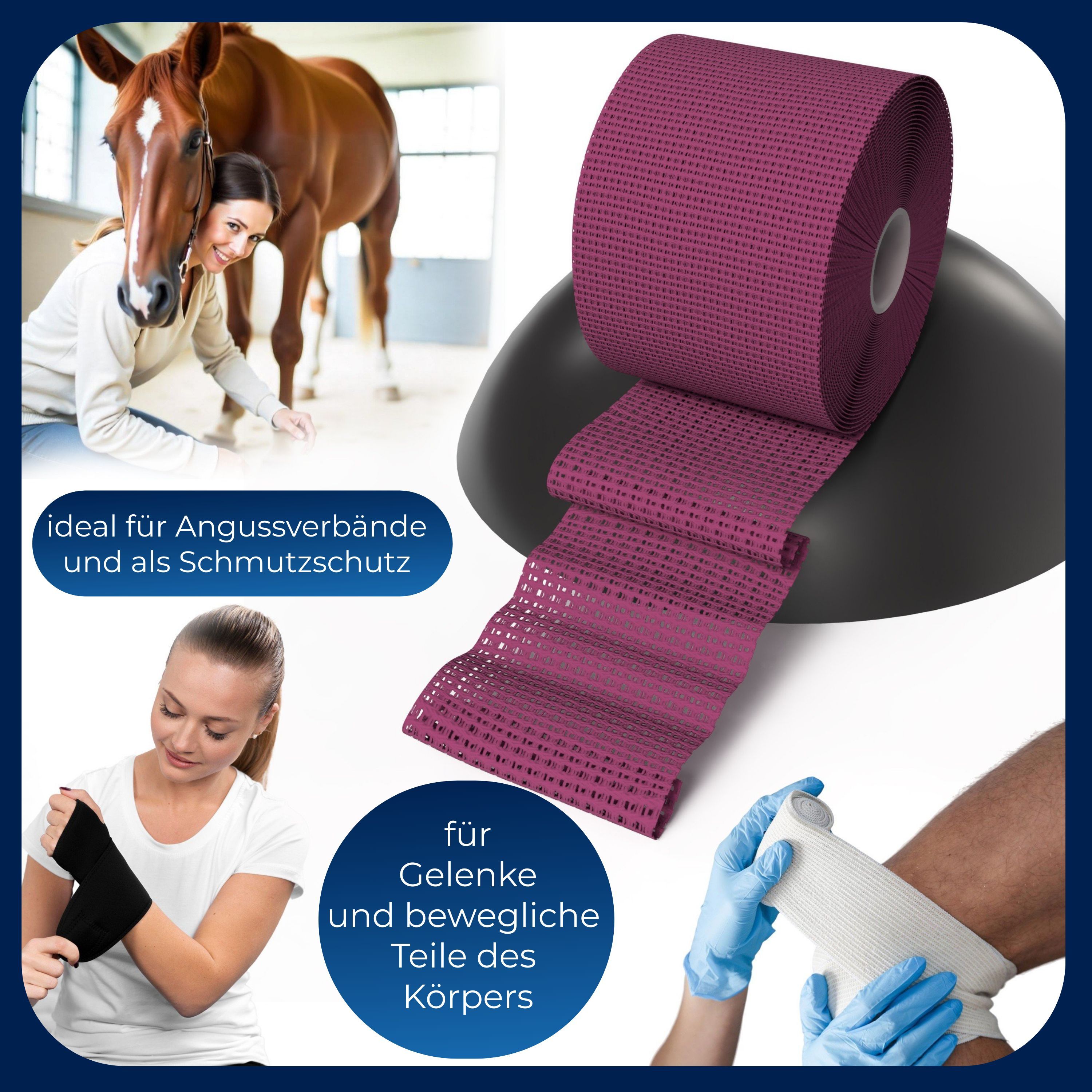 Bandage neben Pferd und Person. Unten: Person mit schwarzer Bandage. Text: ideal für Angussverbände und als Schutz.