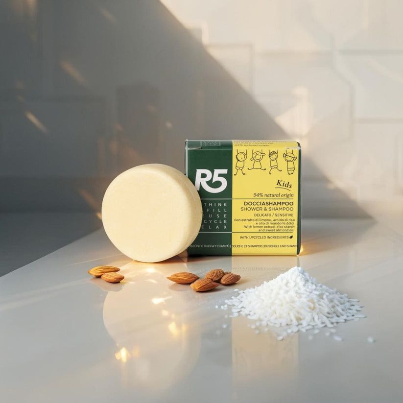 R5 Festes Dusch-Shampoo Kinder, 94% Natürlich, Duft Crème Caramel, Vanille, Vegan