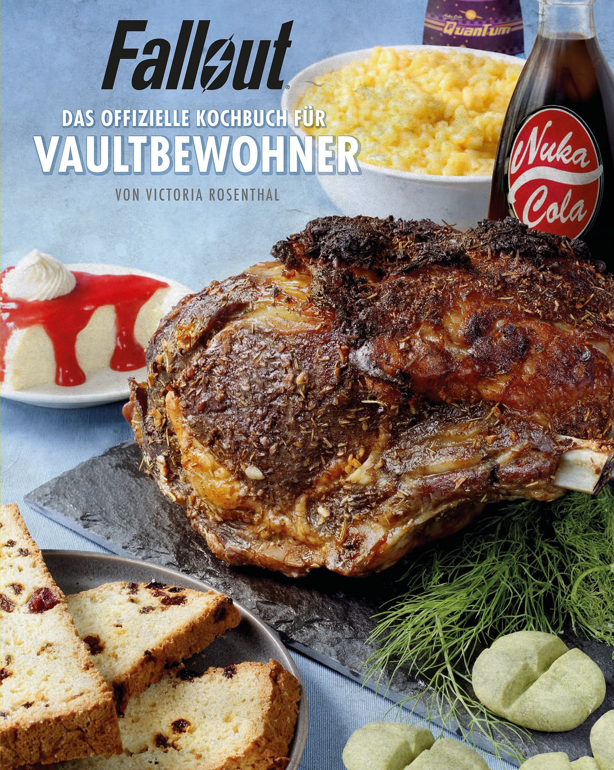 Kochbuch "Fallout: Das offizielle Kochbuch für Vaultbewohner". Gebratener Braten, Nuka-Cola-Flasche, Beilagen.