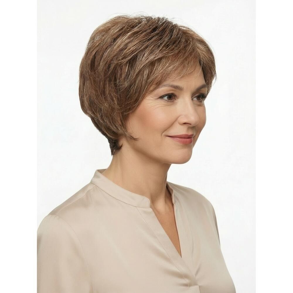 Kurzhaarperücke DAVOS von DELUXE, braun-meliert, seitliche Ansicht einer Frau. Natürlicher Look, leicht gestuft.