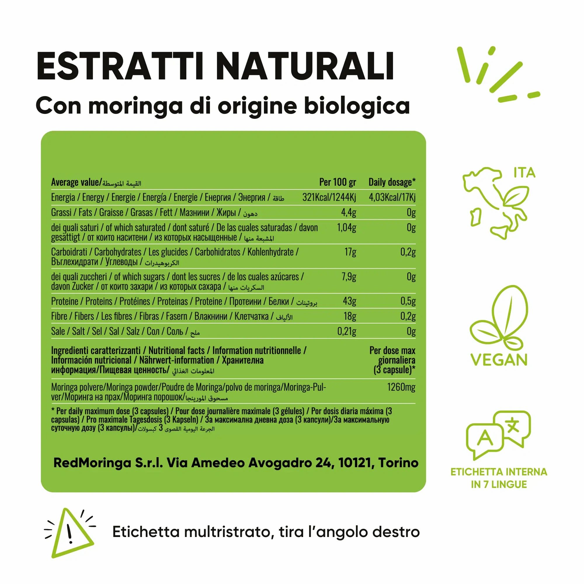 Nährwertangaben für Moringa-Extrakt, mehrsprachig.