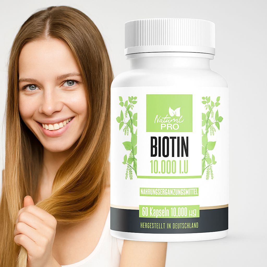 Frau mit langen Haaren hält Haare. Daneben steht eine weiße Flasche mit grünem Etikett. Aufschrift: Natural Pro Biotin 10.000 I.U.