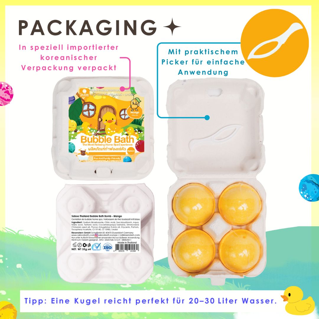 Verpackung mit Badbomben. Innen: 4 gelbe Kugeln. Text: Mango, 180g, 20-30 Liter Wasser.