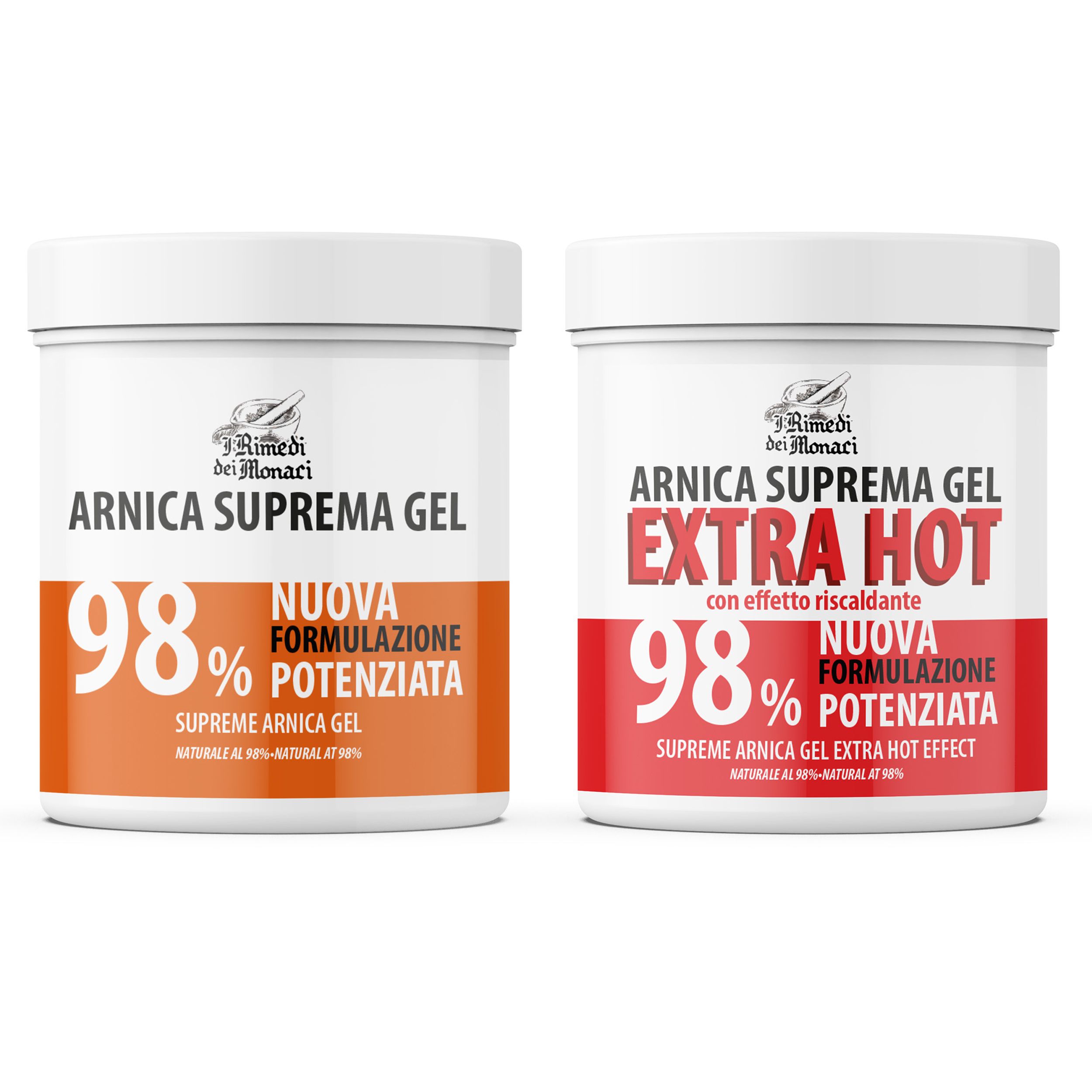 Zwei weiße Tiegel. Links: Arnika Suprema Gel 98%. Rechts: Arnika Suprema Gel Extra Hot 98%.