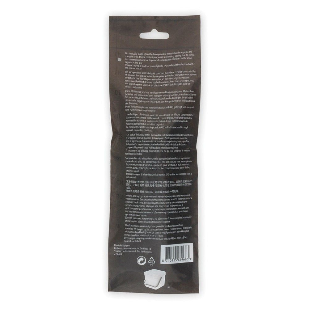 Rückseite der Verpackung. Text in mehreren Sprachen, einschließlich Informationen zur Kompostierbarkeit.