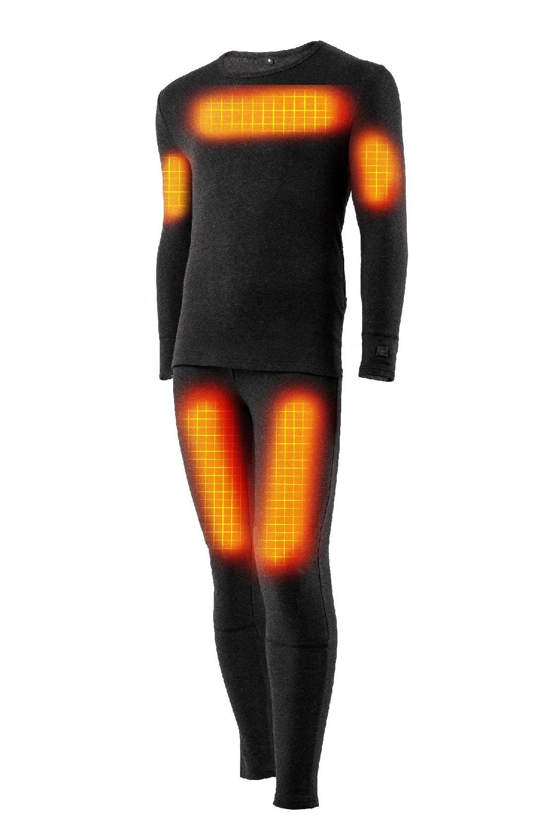 Schwarzes, zweiteiliges Thermo-Unterwäsche-Set mit Heizbereichen. Langärmliges Oberteil und lange Hose. Heizbereiche orange dargestellt.