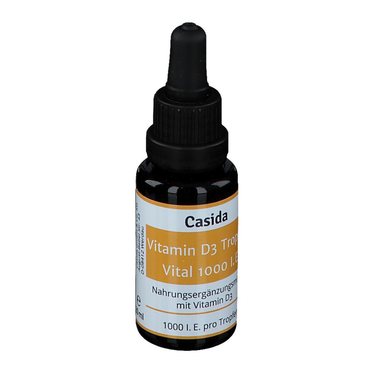 Braune Glasflasche mit schwarzem Tropfer. Aufschrift: Casida Vitamin D3 Tropfen Vital 1000 I.E. Nahrungsergänzungsmittel.
