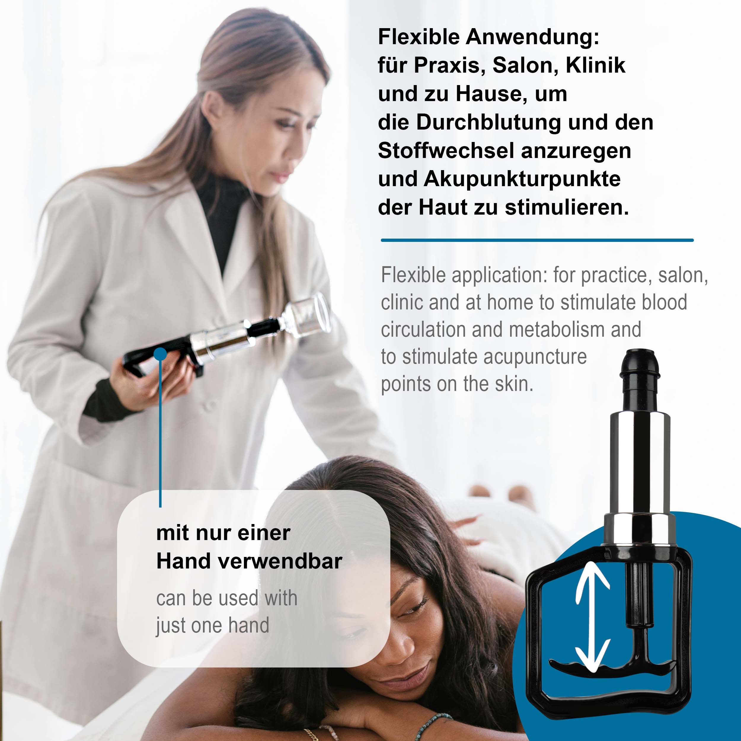 Vakuumpumpe in Anwendung. Schwarzer Griff, silberner Zylinder. Anwendung in Praxis, Salon, Klinik. Ermöglicht Einhandbedienung.