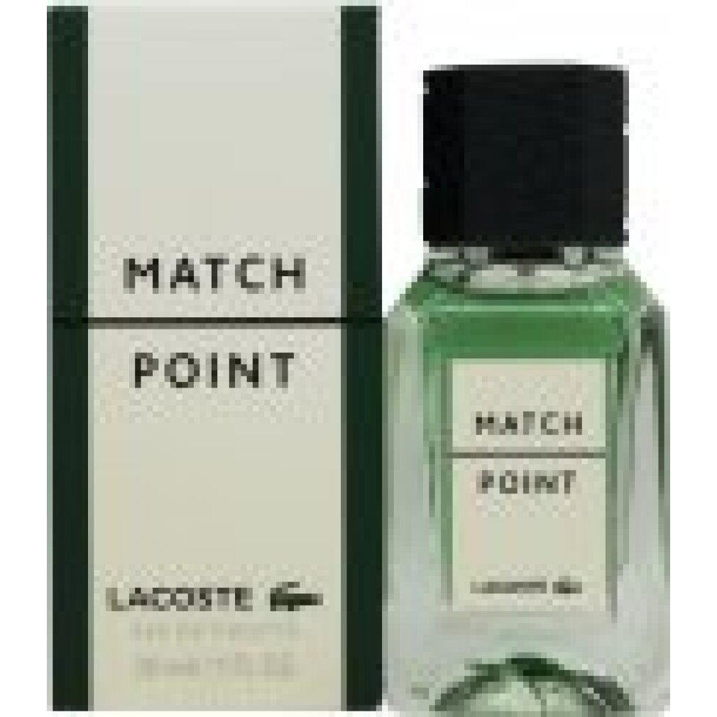 Eau de Toilette-Spray und Verpackung. Aufschrift: MATCH POINT, LACOSTE. Grüne Flasche und Deckel. Weiße Verpackung.