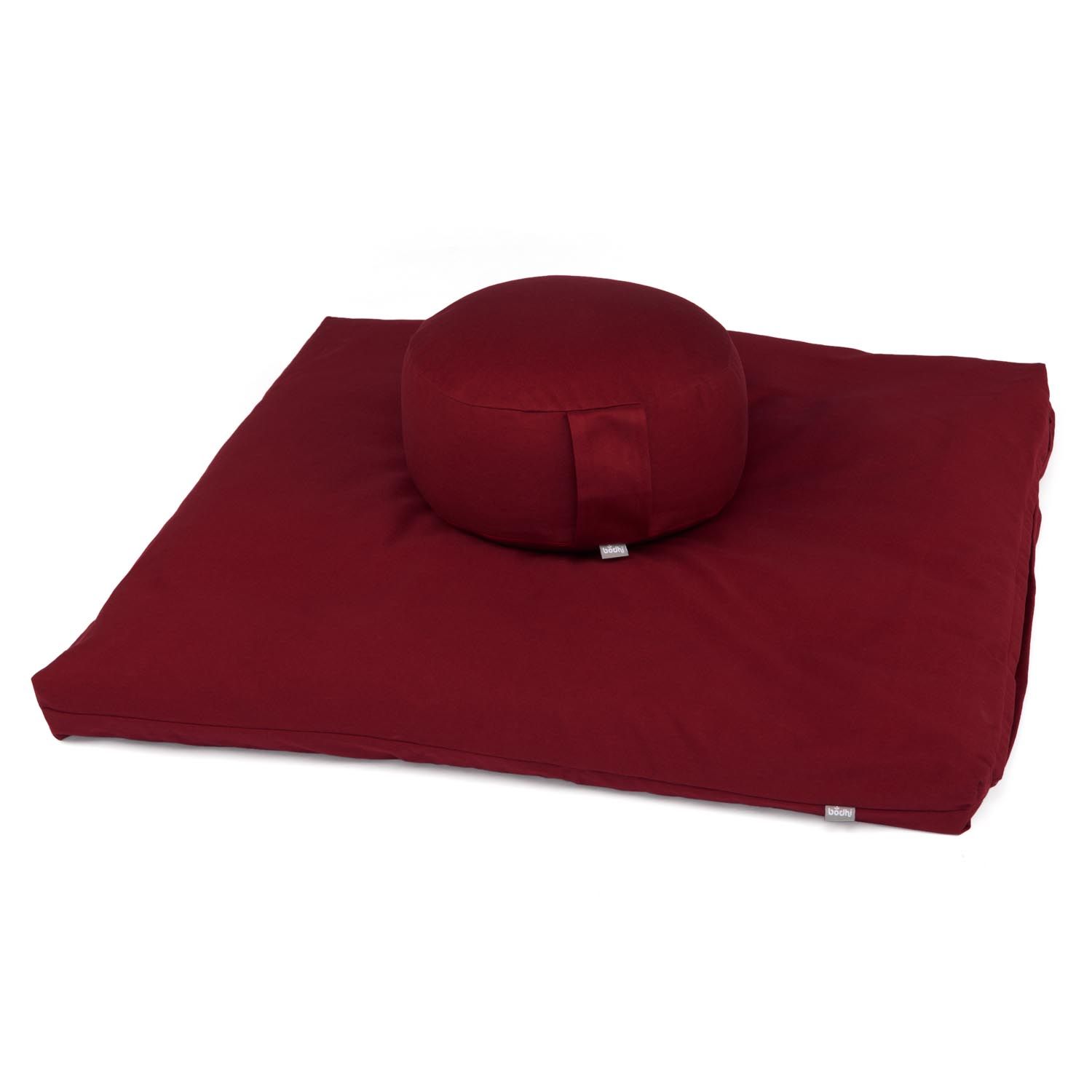 Bordeaux meditatiekussen RONDO ECO en mat ZABUTON ECO. Rond kussen op rechthoekige mat. Beide van stof.