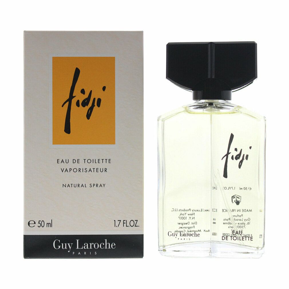 Fidji Eau de Toilette Spray von Guy Laroche. Flakon und Verpackung. Gelbe Flüssigkeit im Glasflakon mit schwarzem Verschluss.