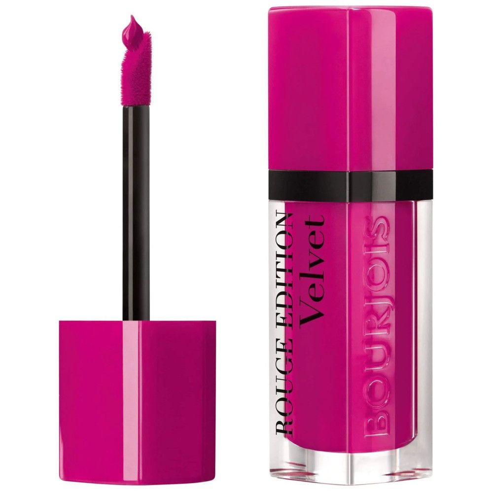 Pinkfarbener Lippenstift mit geöffnetem Applikator. Auf dem Behälter steht 'ROUGE EDITION Velvet' und 'BOURJOIS'.