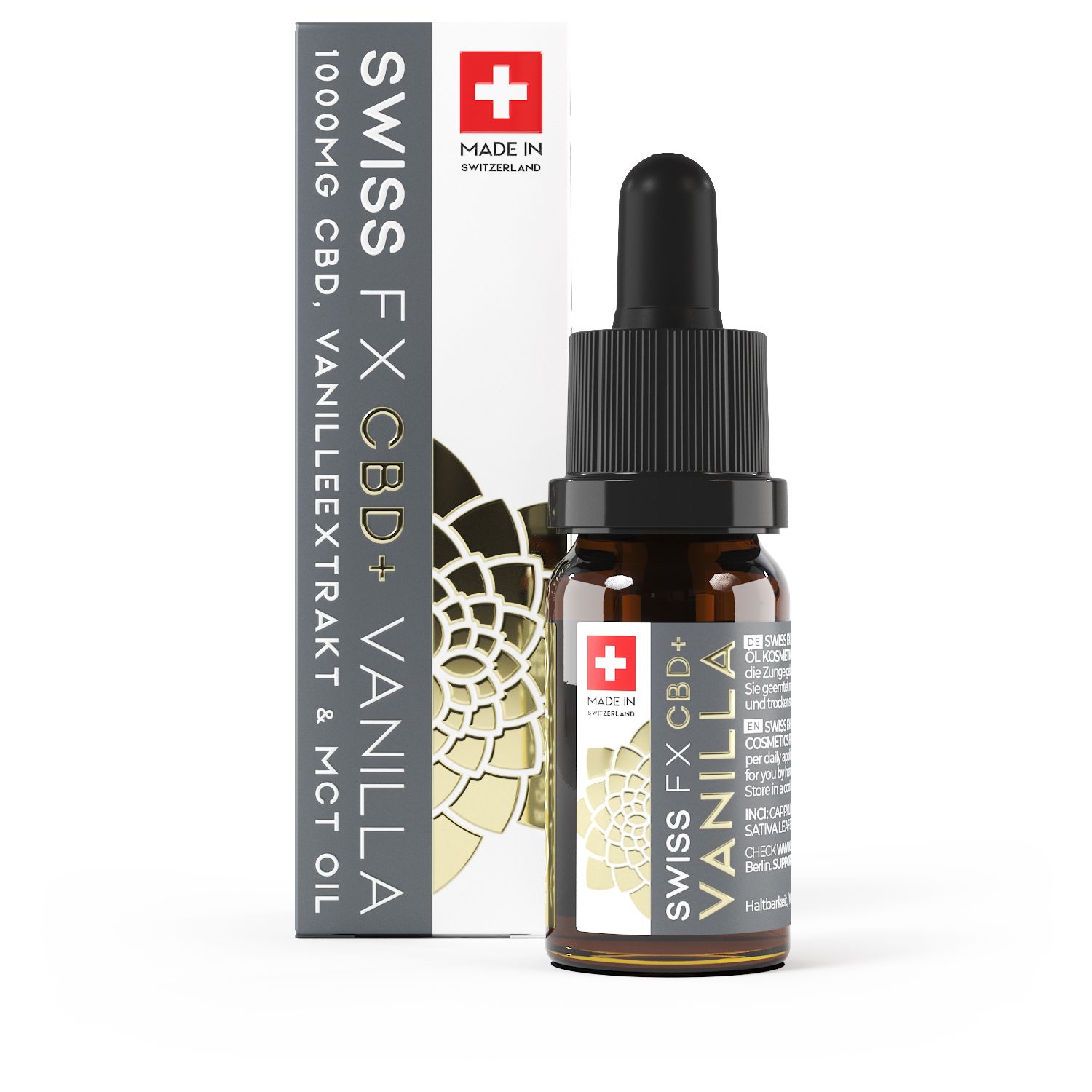 Braune Glasflasche mit Tropfer und Verpackung. Aufschrift: SWISS FX CBD+ VANILLA, 1000mg CBD. Schweizer Kreuz.