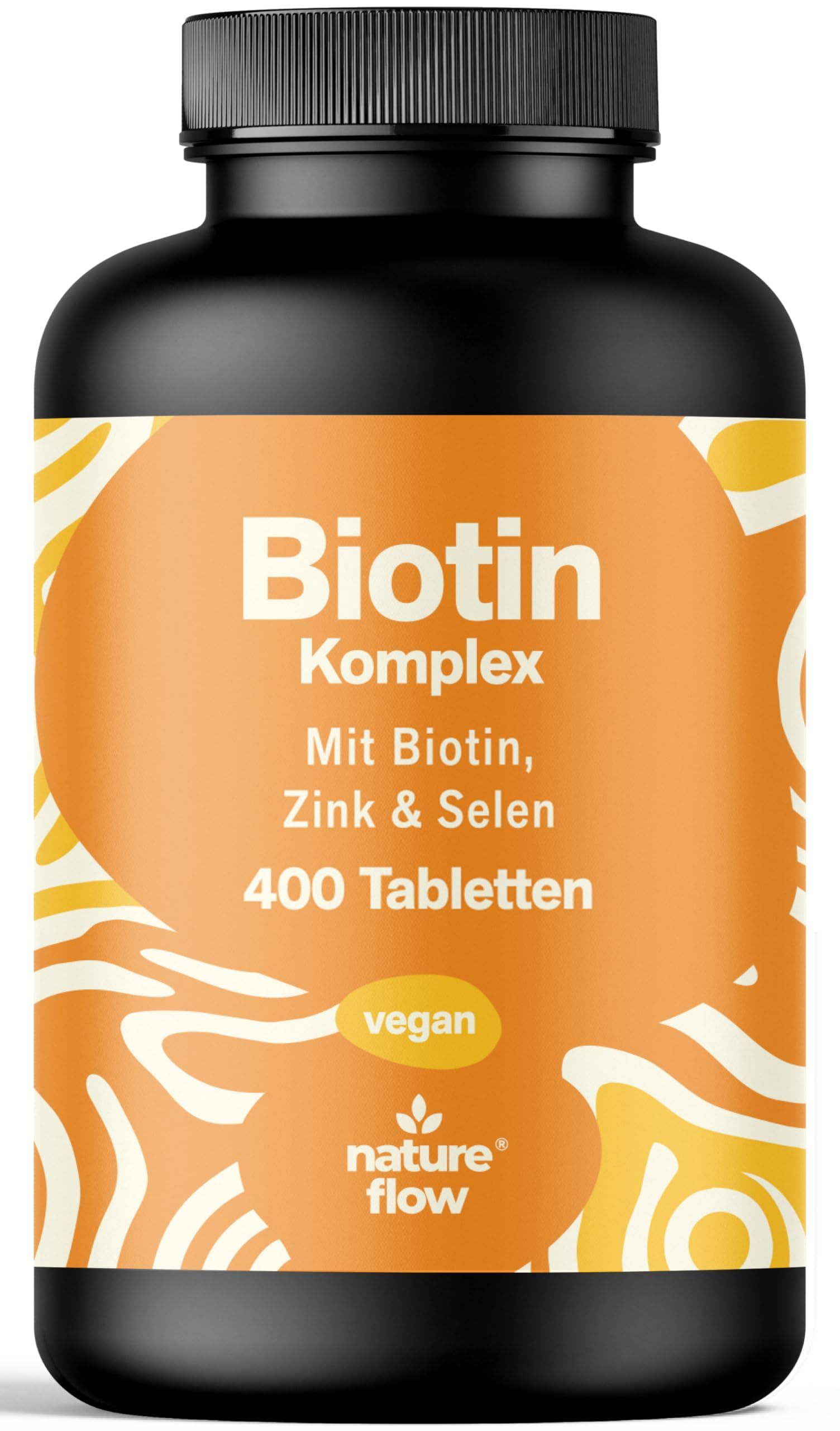 Schwarze Flasche mit orangefarbenem Etikett. Aufschrift: Biotin Komplex, 400 Tabletten, vegan. Marke: nature flow.