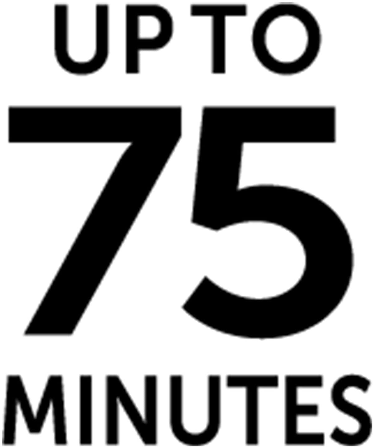 Text: UP TO 75 MINUTES. Schwarze Schrift auf weißem Hintergrund.
