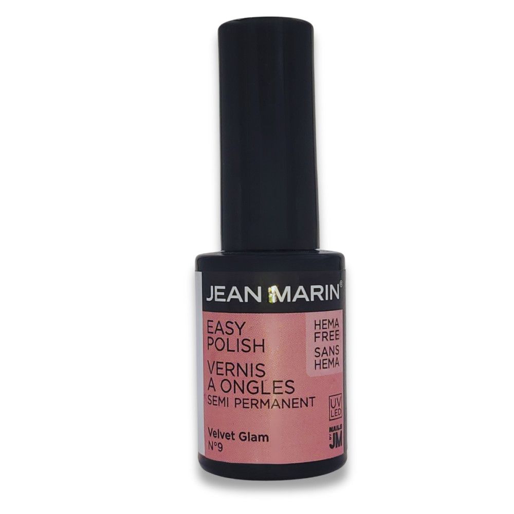 Nagellackflasche mit schwarzem Deckel. Aufschrift: JEAN MARIN, EASY POLISH, VERNIS A ONGLES, SEMI PERMANENT, HEMA FREE. Farbe: Velvet Glam N°9.