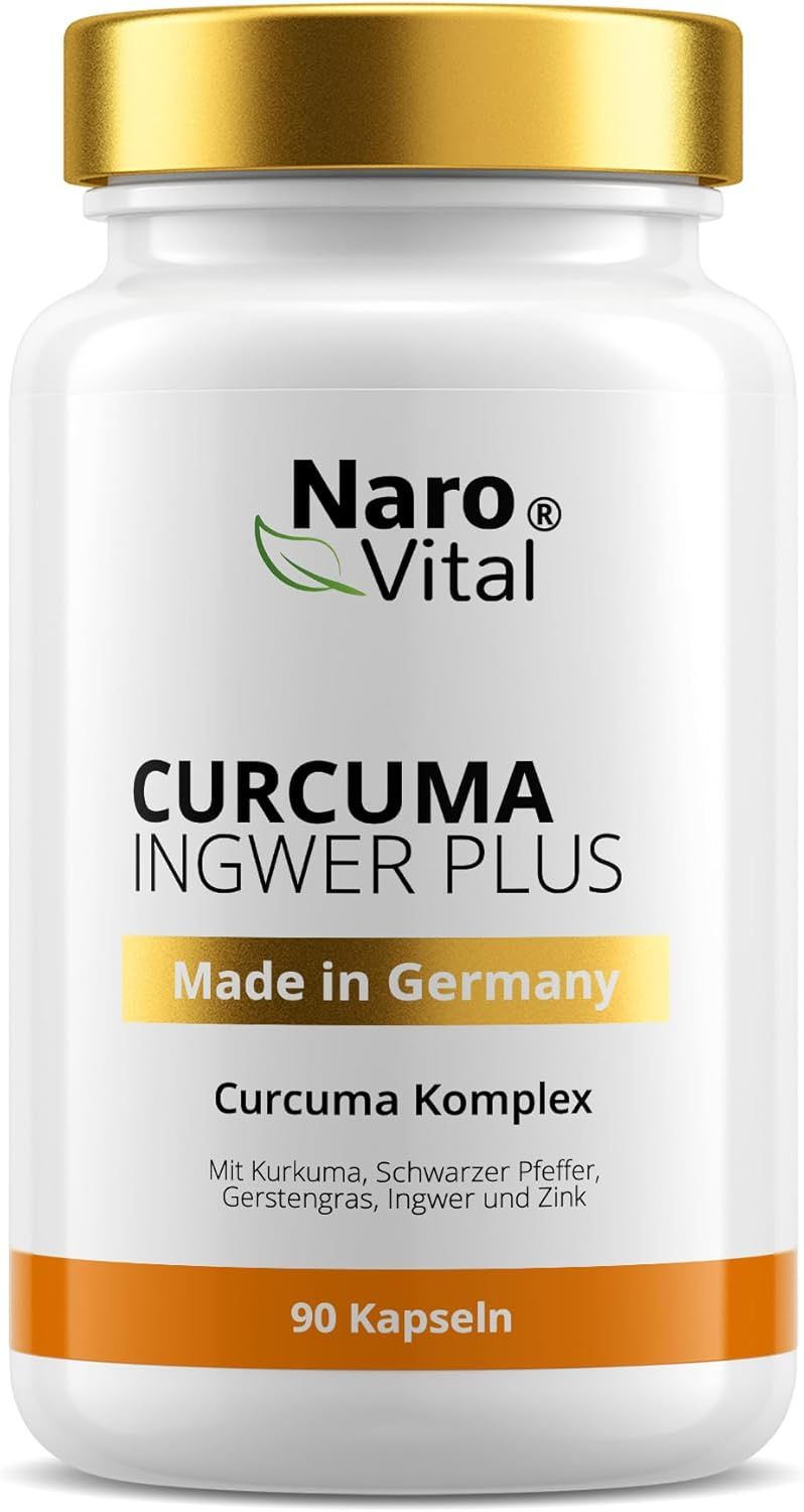 Weiße Flasche mit goldfarbenem Deckel. Aufschrift: NAROVITAL® Curcuma Ingwer Plus. Made in Germany. 90 Kapseln.