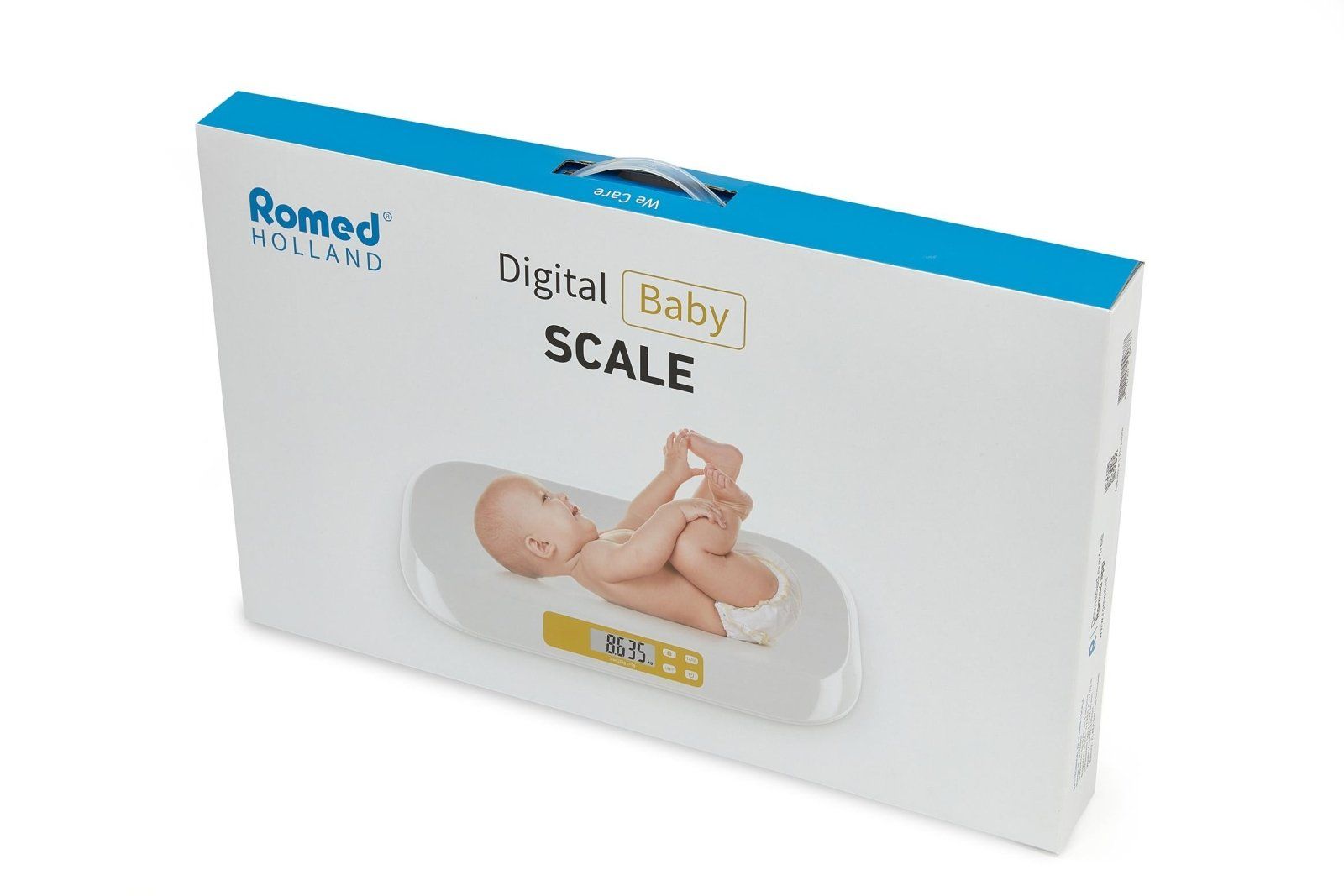 Verpackung der digitalen Babywaage. Aufschrift: Romed Holland, Digital Baby Scale. Abbildung eines Babys auf der Waage.