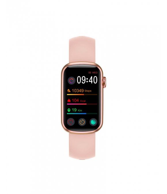 Roségoldfarbene Smartwatch mit rosa Armband. Display zeigt Uhrzeit, Schritte, Kalorien und Distanz an.