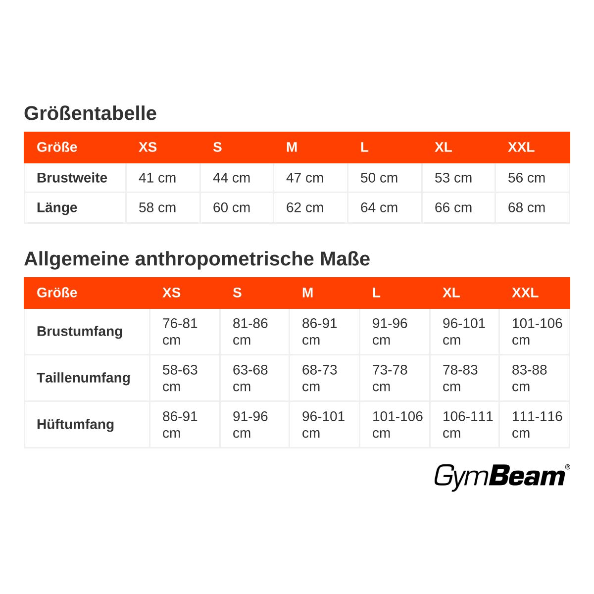 Größentabelle mit Brustweite und Länge für Größen XS-XXL. Zweite Tabelle: Allgemeine Maße (Brustumfang, Taillenumfang, Hüftumfang) für Größen XS-XXL.